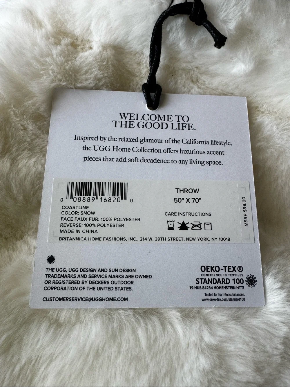 UGG Coastline Cozy Faux Fur Throw Blanket Snow Cream 50